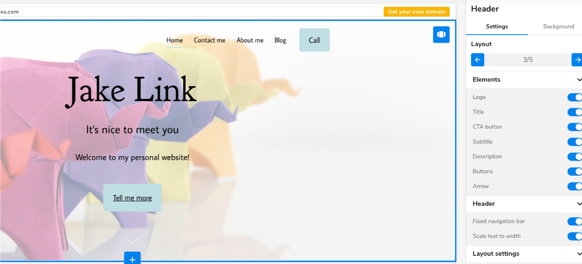 personal website builder header customization