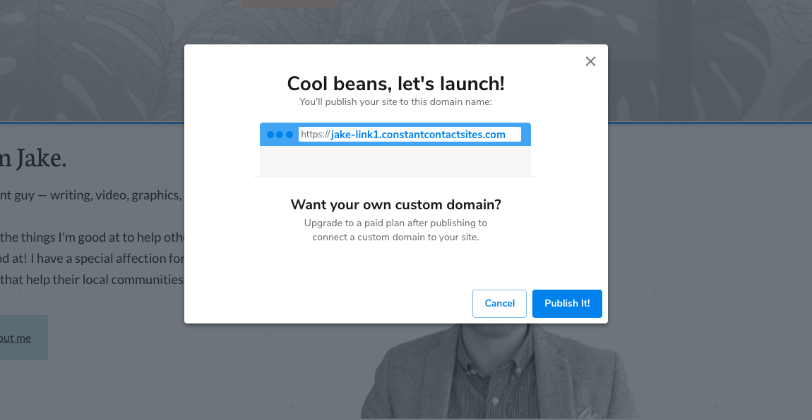 Personal website builder publish page.
