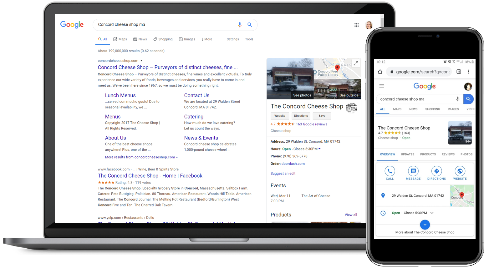 Example of Google search results for a specific business, showing listing and review score