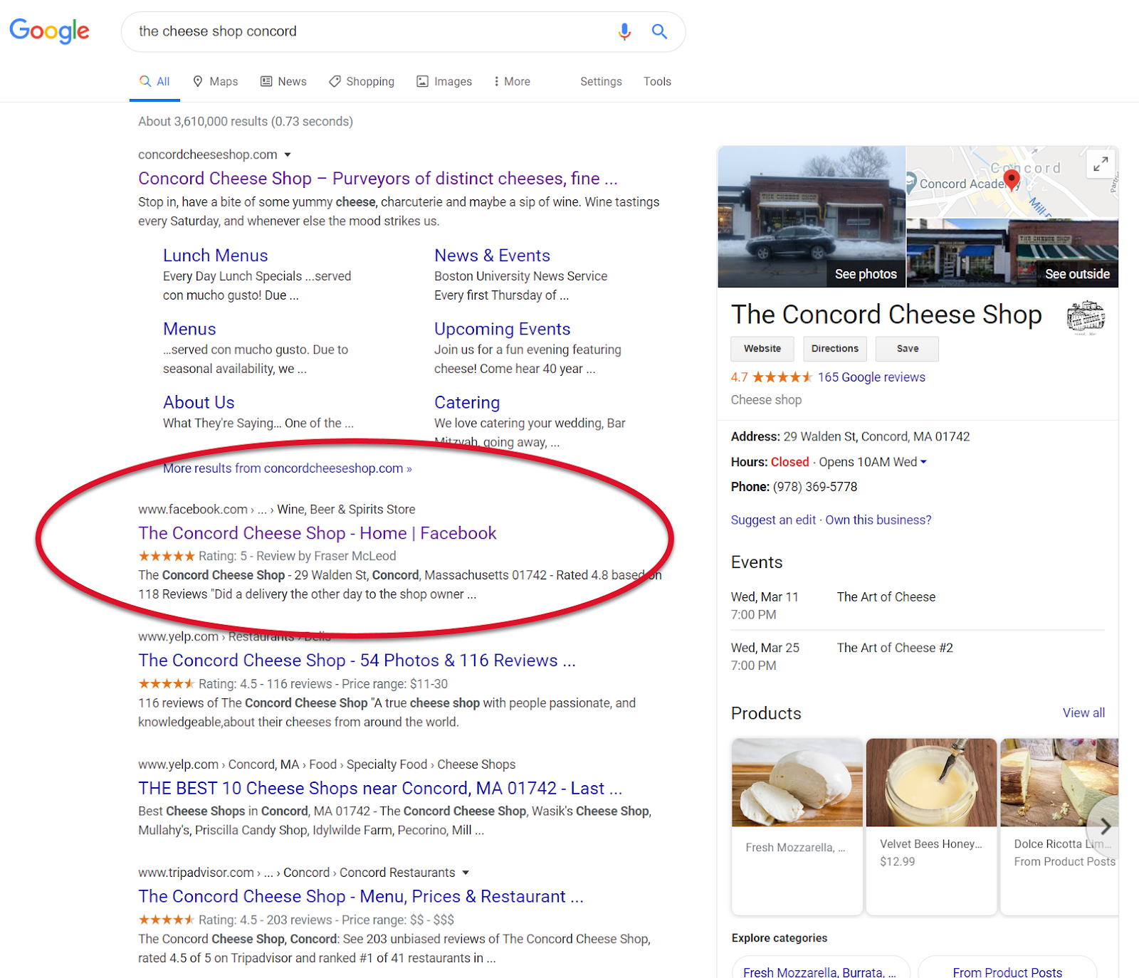 Example of how a business's pages show up up in a typical online search - 1st is website, 2nd is Facebook business page and 3rd is Yelp