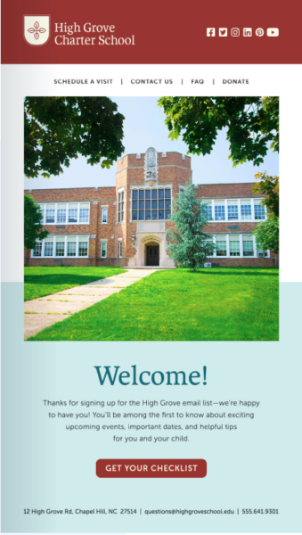 school branding includes newsletters and marketing campaigns that match the website