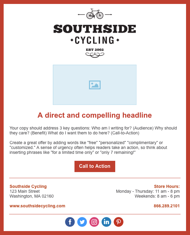 A branded email template for Southside Cycling