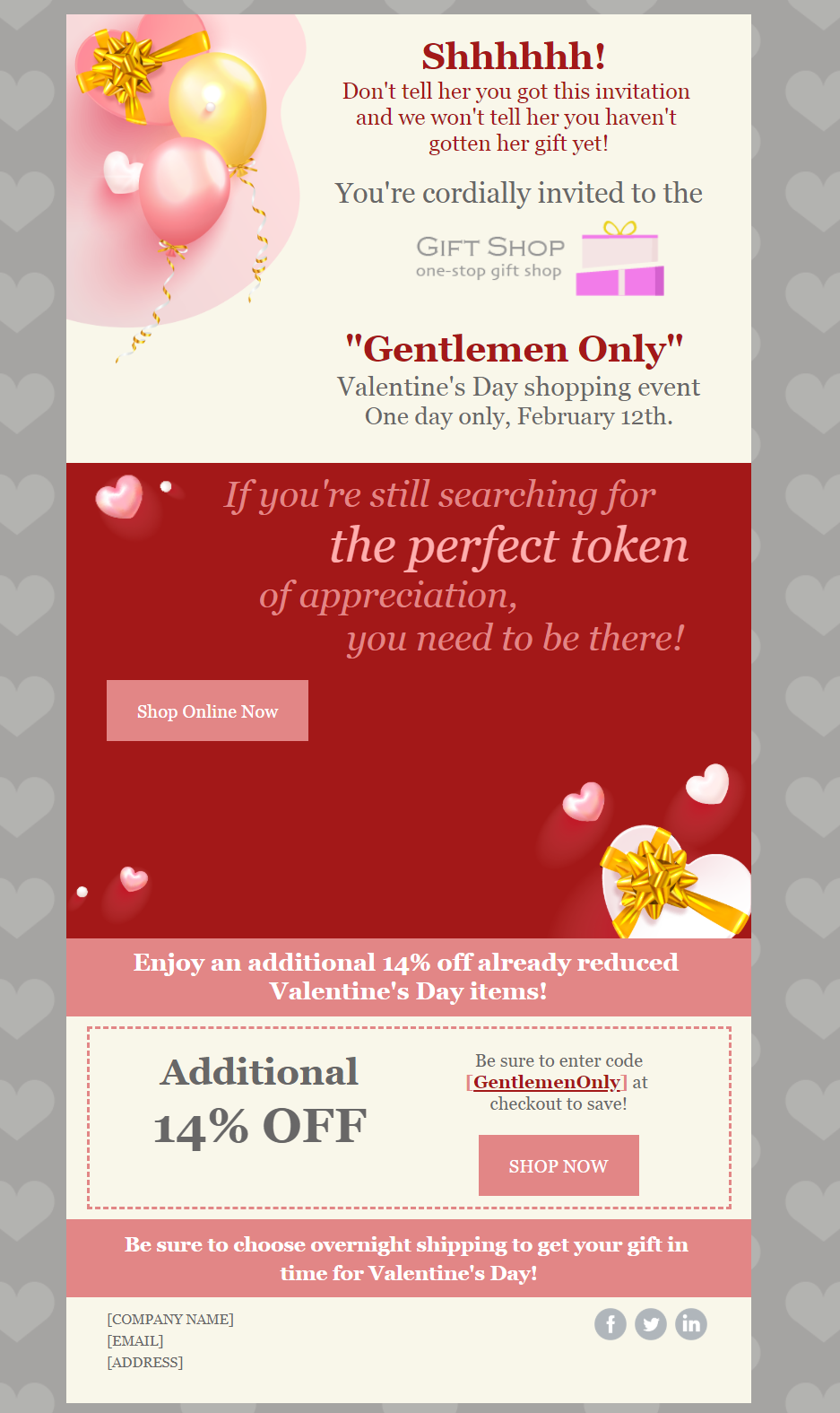 Constant Contact Valentine's Day sale template turned into a private sale invitation