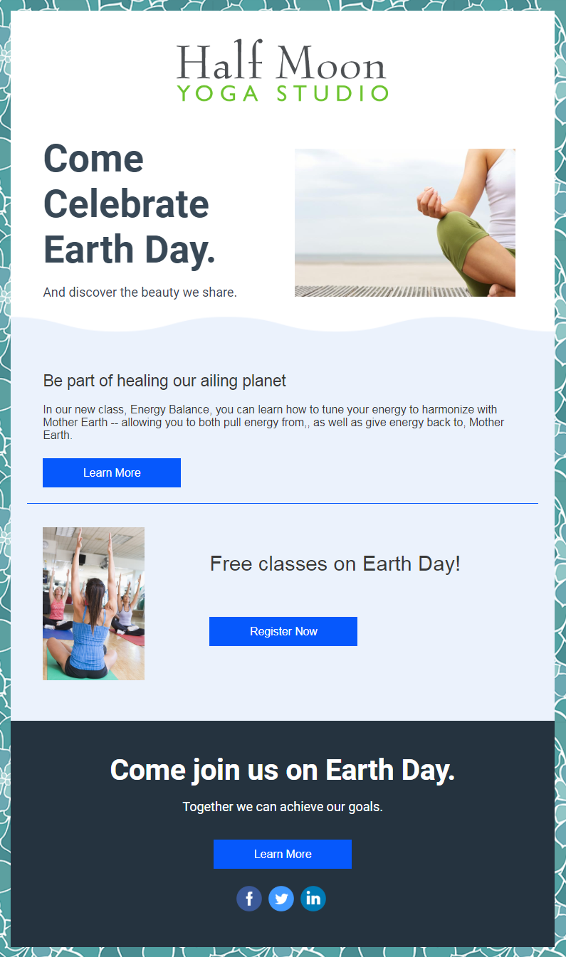 Constant Contact Earth Day email template turned into email invitation for free event