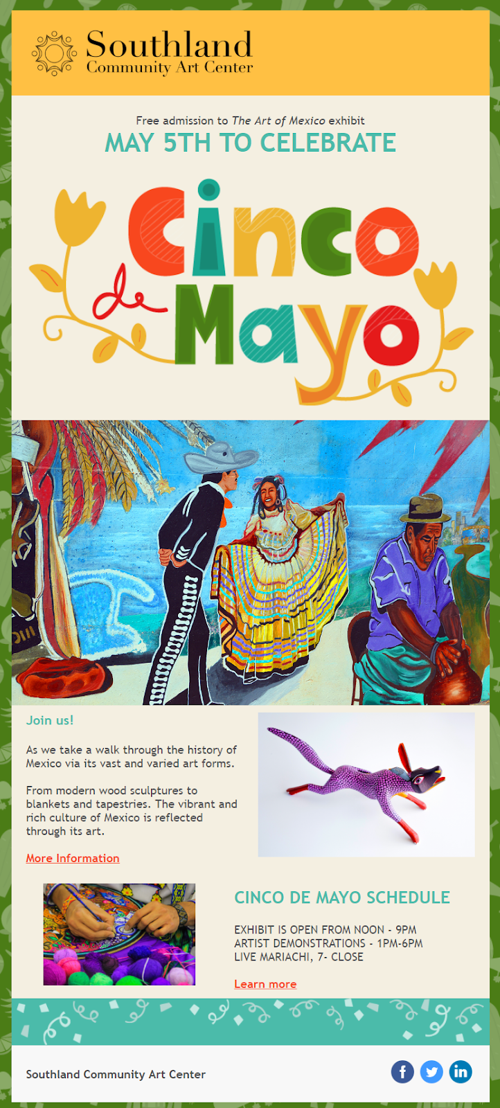 Constant Contact Cinco de Mayo restaurant event invitation template turned into an Art Center event invitation
