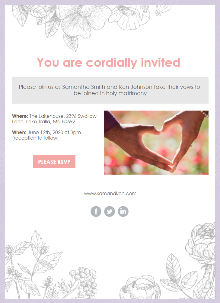 Constant Contact Florist's thank you email template turned into a summer wedding invitation