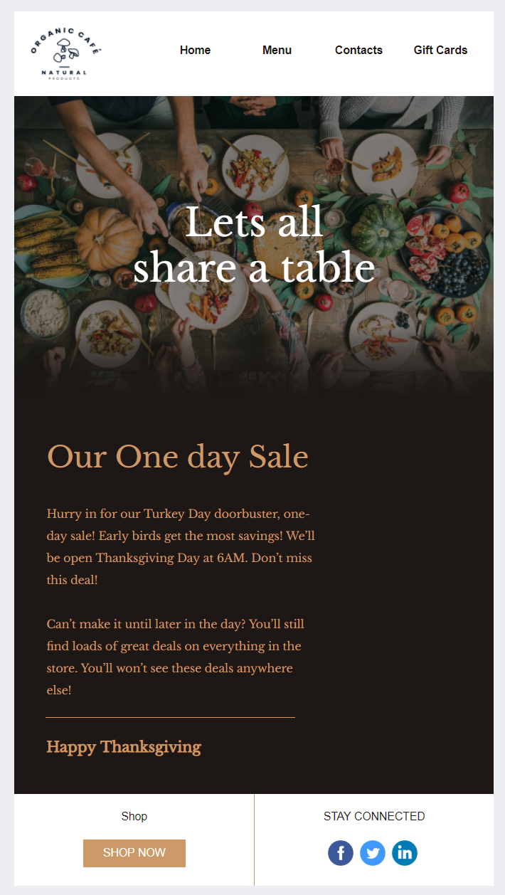 Constant Contact Thanksgiving Day sale template would make a great email invitation template due to its exclusive imagery