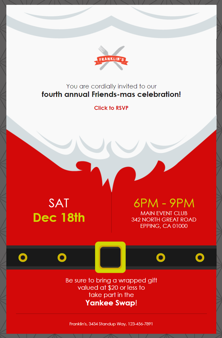 constant contact santa themed holiday celebration event invitation template turned into a Friends-mas invitation