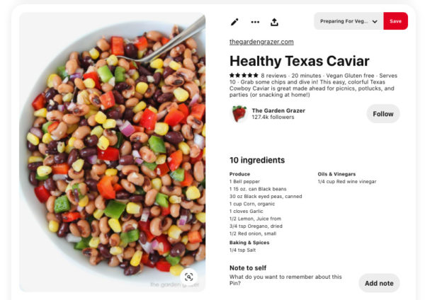 A Rich Pin example showing a recipe from The Garden Grazer for Healthy Texas Caviar. The Pin image is a close-up overhead shot of a bowl filled with the Texas Caviar. The Rich Pin description shows that the recipe requires 10 ingredients, and lists them below, and that it takes 20 minutes to make. At the time of this screenshot, the recipe also had 8 reviews averaging five stars.