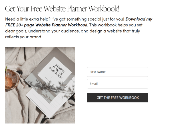 Bee Creative Design promotes a free Website Planner Workbook within a relevant blog post, giving readers a natural next step after engaging with the content.
