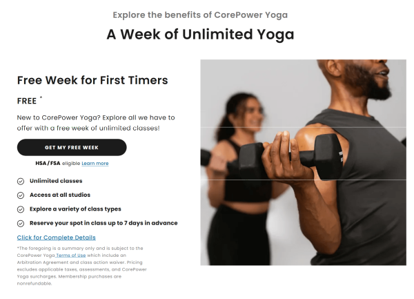 CorePower Yoga&rsquo;s landing page promotes a free week for first-time visitors with a clear offer, benefit-focused copy, and a strong &ldquo;Get my free week&rdquo; call to action. 