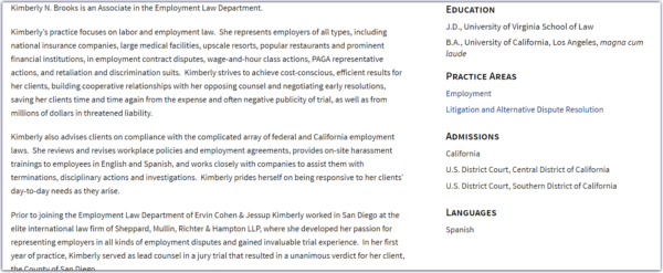 Attorney bio with bullet points on the right and prose to the left in a 2/3 split