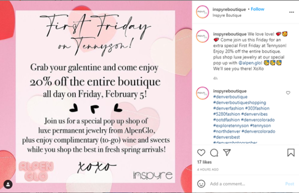 Inspyre Boutique coupon marketin Instagram Ad for 20% off the entire boutique