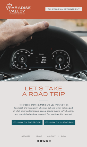 automotive email marketing starts with a welcome series that includes an invitation to connect on social media platforms