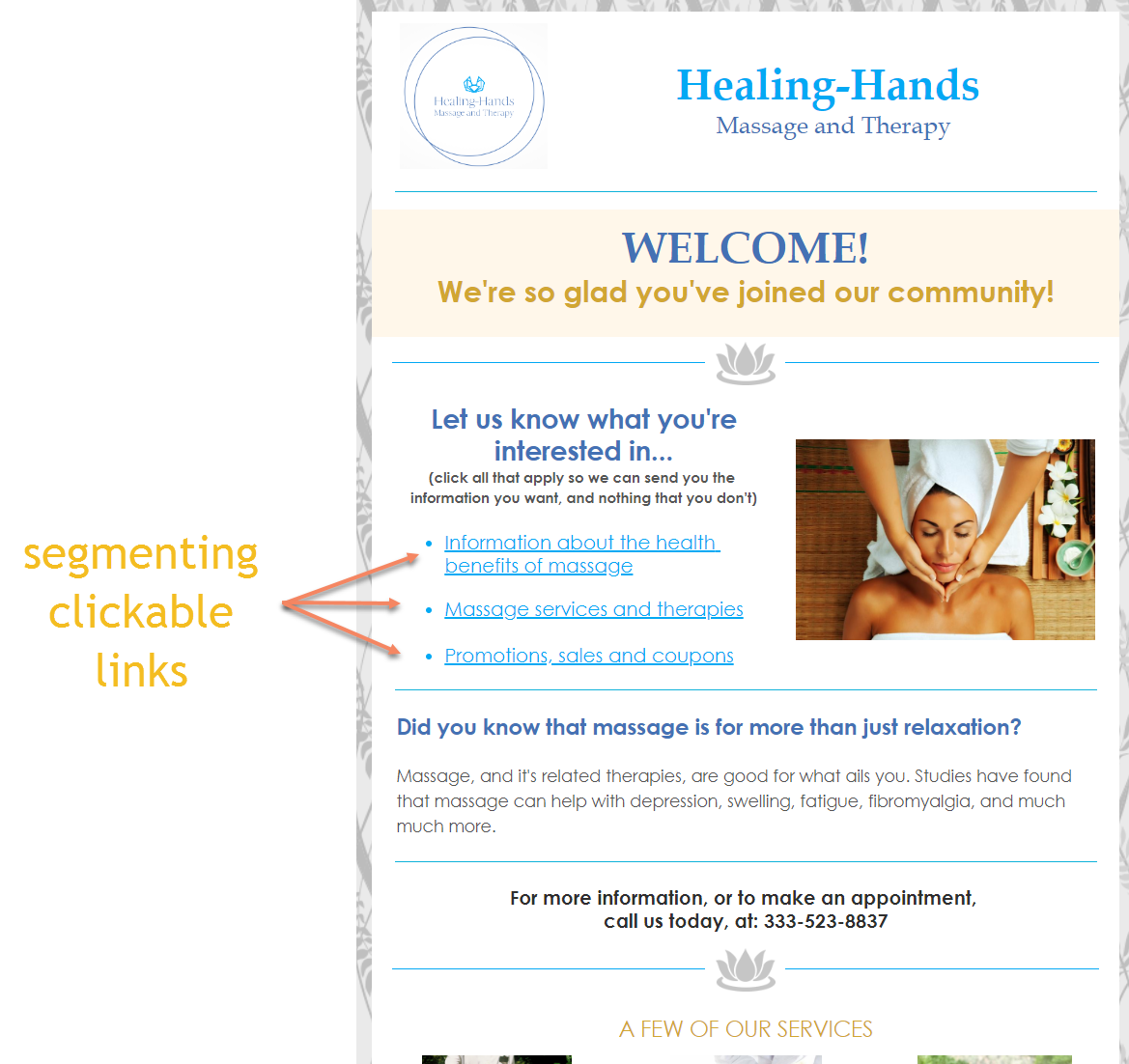 An example of a welcome email that included segmenting clickable links.
