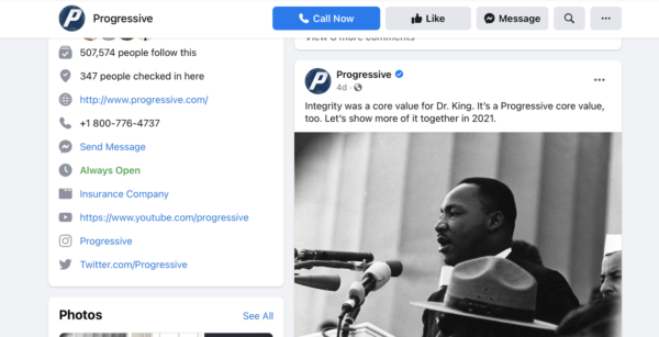 On MLK Day, Progress used their Insurance Social Media so talk about company values
