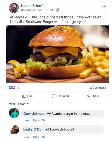 restaurant reputation management includes liking and sharing positive social reviews like this one