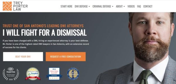Trey Porter Law places award logos on the home page of their law firm website