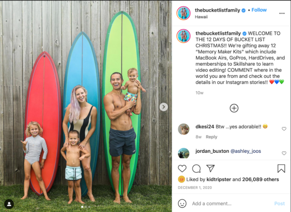 Best Travel Instagrams - post of the Lee family poising infront of colorful surfboards of varying sizes