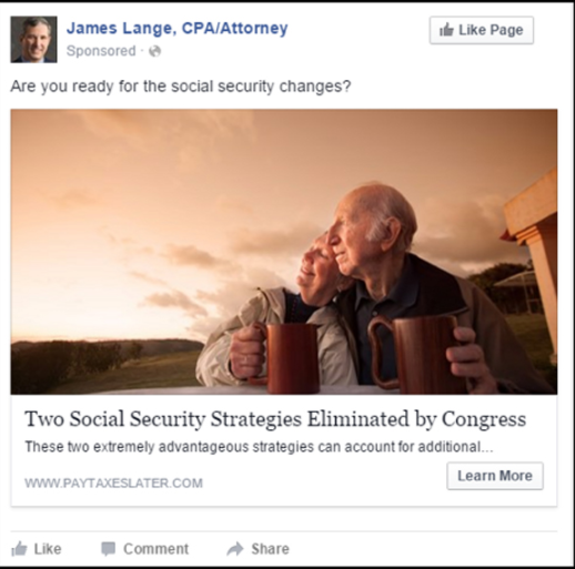 financial advisor ads - ad that is micro-targeted for seniors living on social security