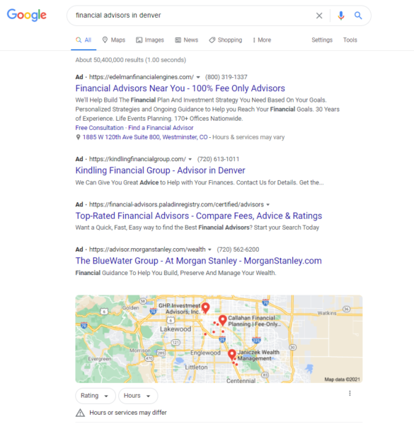 financial advisor ads - Google search results that show the "Ads" at the top of the page