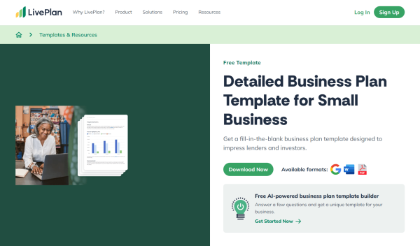 LivePlan promotes a free business plan template for small business owners, available in Google Docs, Word, and PDF formats. 