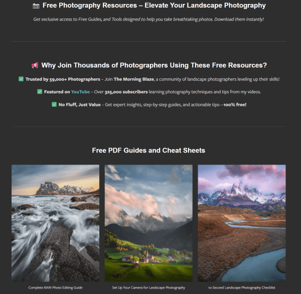 Mark Denney offers free photography guides and cheat sheets covering editing, camera setup, and landscape photography techniques. 