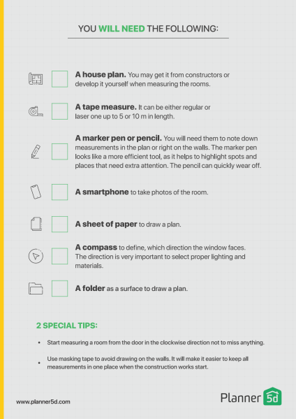 Planner 5D&rsquo;s downloadable room-measurement checklist uses branded colors, a logo, and the company website to keep the resource clearly connected to the business. 