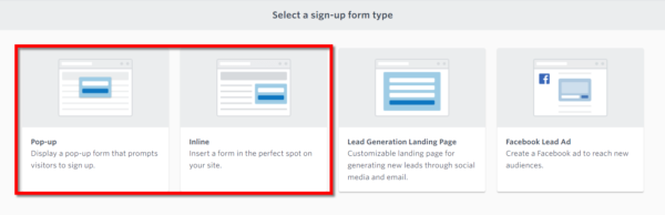 Constant Contact in-product email list sign up tools - website forms pop-up and inline options
