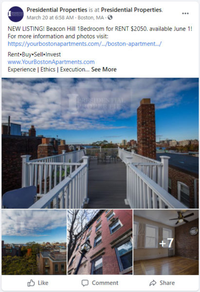 real estate Facebook post of rental property in Boston