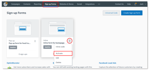 Constant Contact in-product activating website sign-up forms while on the "Sign-up Forms" tab
