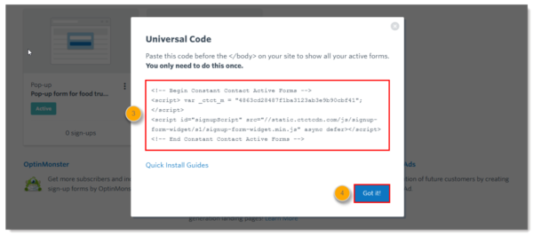Universal code for in-product website sign-up forms
