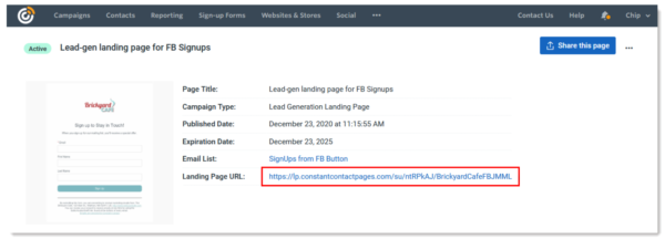 Lead generation landing page URL location in-product