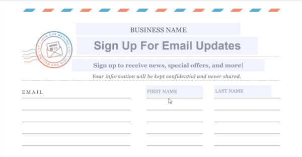 Constant Contact email list sign up tools - printed out paper sign-up form
