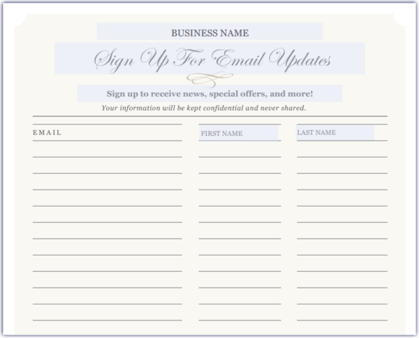 Constant Contact signup sheet example - one out of eight different designs