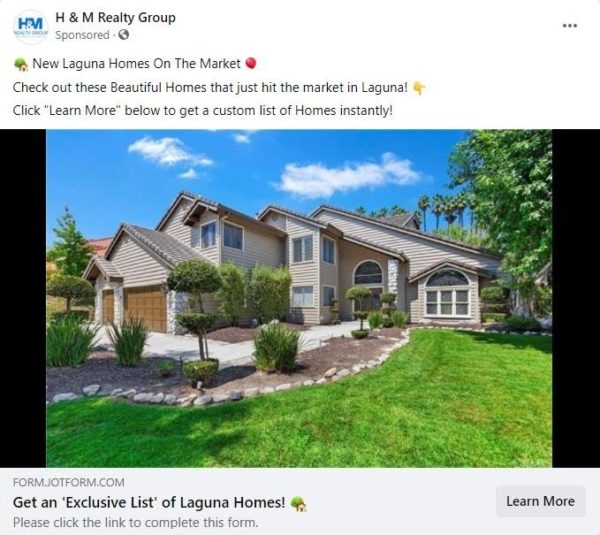 Example of a Facebook ad that offers a list of available homes located exclusively in one area