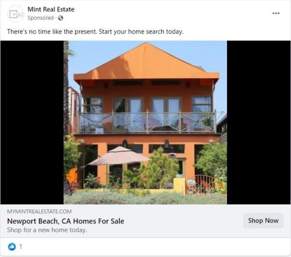real estate Facebook ad examples - A Facebook ad with a clear and simple call to action to "shop for a new home today"