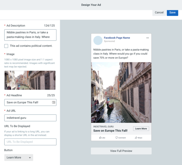 Facebook Travel Ad displaying a vivid image of Italy with copy written to entice viewers of the ad to find out about saving on trips to Europe