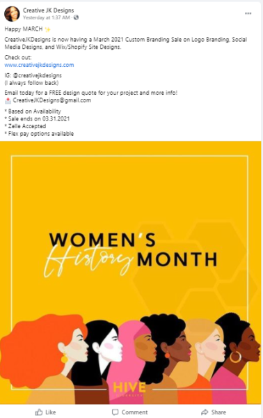 Facebook post boosted into a web design ad for Women's History Month