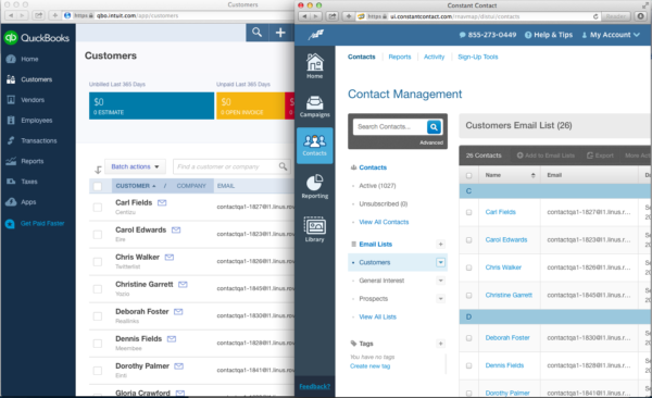screenshot of Quickbooks integration with Constant Contact