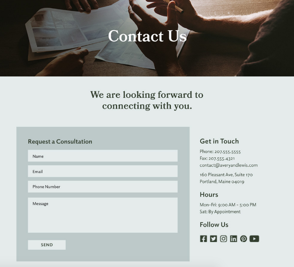 Professional services website contact form