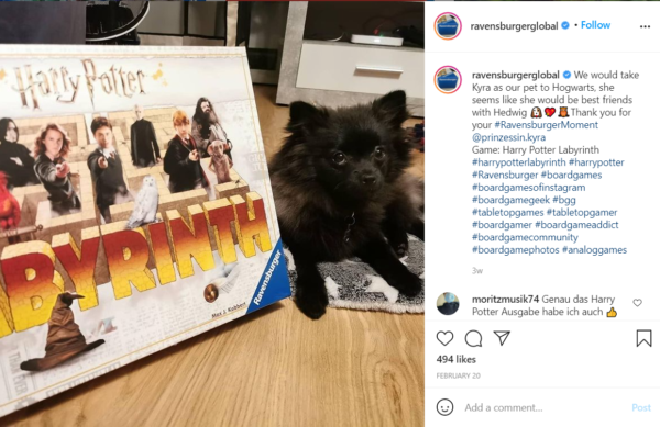 Sometimes, board game marketing works best with user-generated content, like this one that a customer sent in of her dog next to the game box