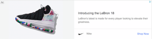 Nike banner ad for the LeBron 18 shoe