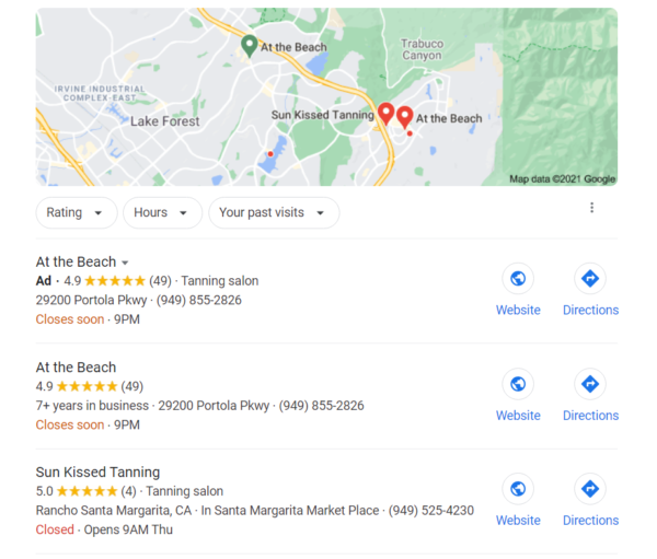 Google Search showing "local 3" - top listing is an ad for ATB, second listing is ATB and third listing is a competitor, Sun Kissed Tanning