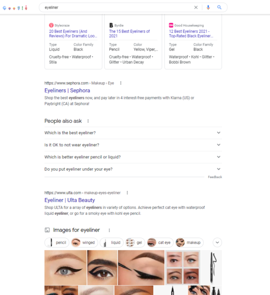 Search Engine Results Page for "eyeliner" query, showing Q&A block, images, ads, and organic results