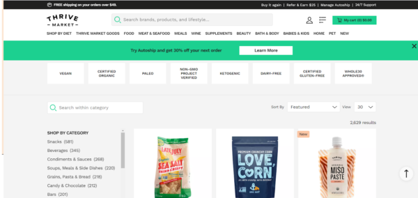 Screenshot of Thrive Market's online store