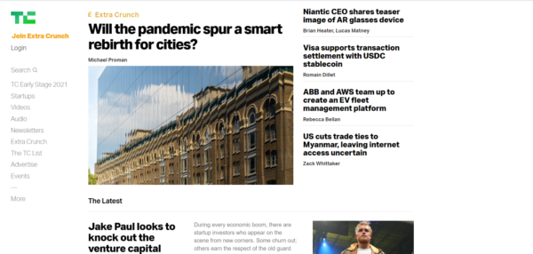 screenshot of TechCrunch website