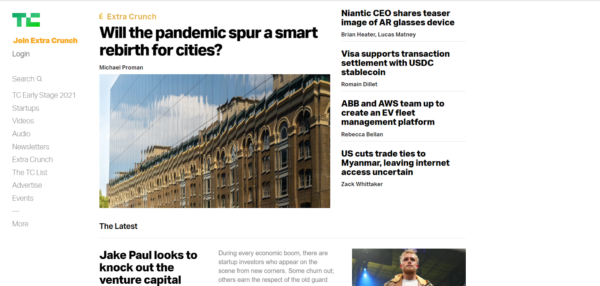 screenshot of TechCrunch website 