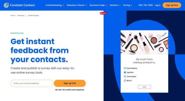 Screenshot of Constant Contact's survey tools landing page