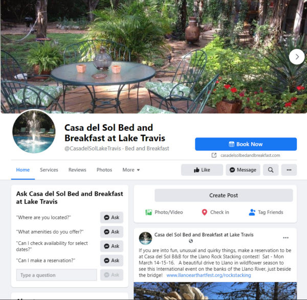 Every bed and breakfast should be marketing on Facebook just like Casa del Sol Bed and Breakfast at Lake Travis